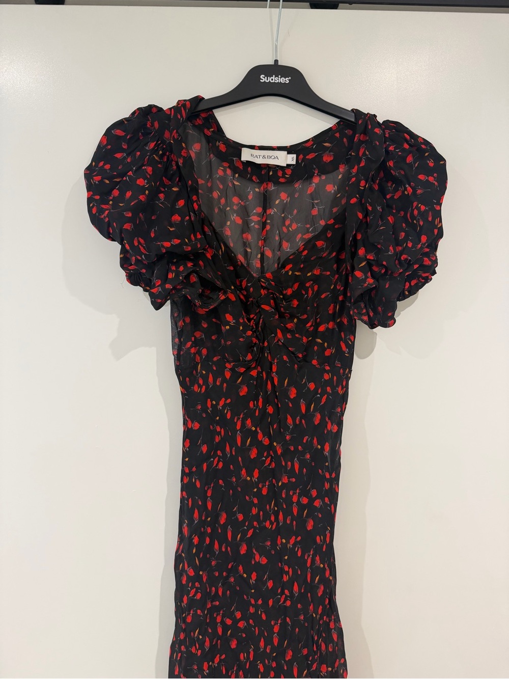 Rat & Boa Black Midi Dress with Red Petal Print